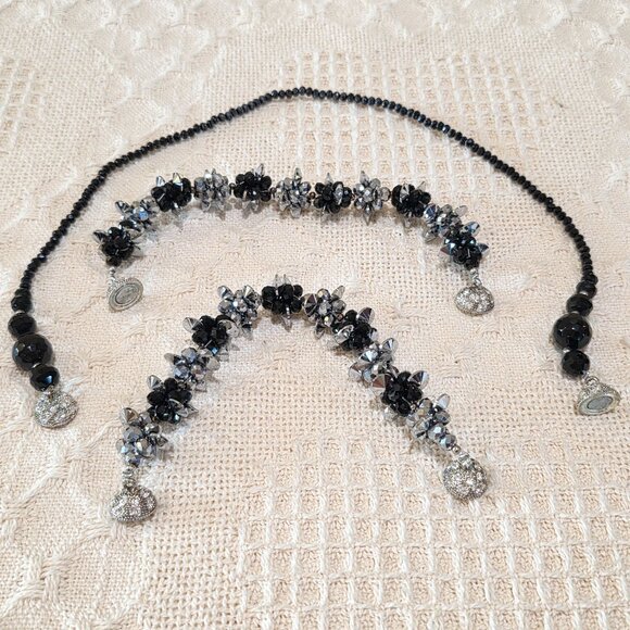 Vintage Black Silver Crystal Bead 3 Piece Convertible Statement Runway Necklace - Picture 3 of 17